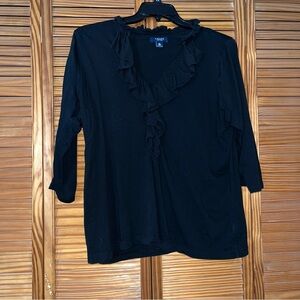 Chaps Black V‎ Neck Ruffle 3/4 Sleeve 2X Cotton Top